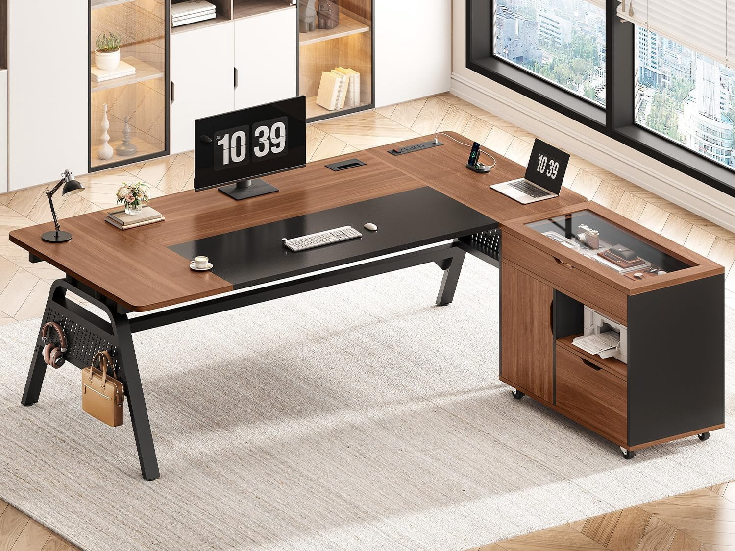 SEDETA L Shaped Computer Desk with Mobile File Cabinet & Power Outlets, Executive Home Office Desk with Storage Drawers, Pegboard, Cable Management, Reversible L Desk for Work & Gaming, Black + Brown
