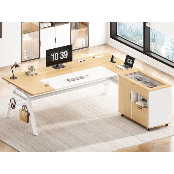 SEDETA L Shaped Computer Desk with Mobile File Cabinet & Power Outlets, Executive Home Office Desk with Storage Drawers, Pegboard, Cable Management, Reversible L Desk for Work & Gaming, White + Oak