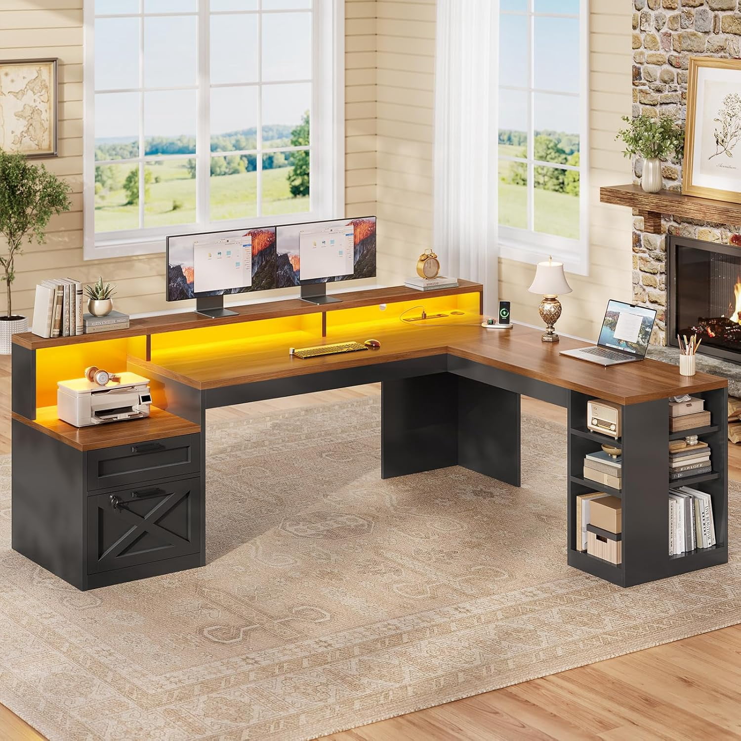 SEDETA L Shaped Desk with 2 Drawers, 65"x 59" Large Home Office Desk with Lockable File Drawer & Power Strip, Corner Desk with Storage & LED Strip, Black + Brown