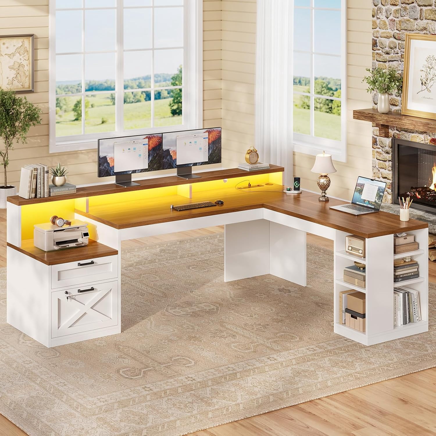 SEDETA L Shaped Desk with 2 Drawers, 65"x 59" Large Home Office Desk with Lockable File Drawer & Power Strip, Corner Desk with Storage & LED Strip, White + Brown