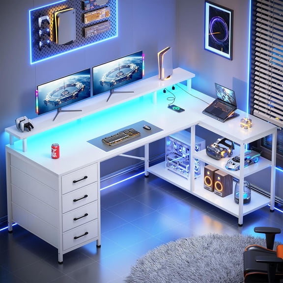SEDETA L Shaped Desk with 4 Drawers and Storage Shelves, L Shaped Gaming Desk with LED Lights & Power Outlets, Computer Desk with Shelves & Drawer, Corner Desk Home Office Desk, Rustic Brown