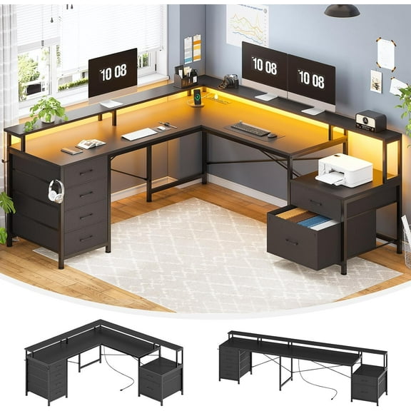 SEDETA L Shaped Desk with 6 Drawer, 108" Home Office Desk with File Drawer & Power Outlet, Corner Computer Desk with Monitor Shelf, File Cabinet, Two Person Desk, Gaming Desk with Led Lights, Black