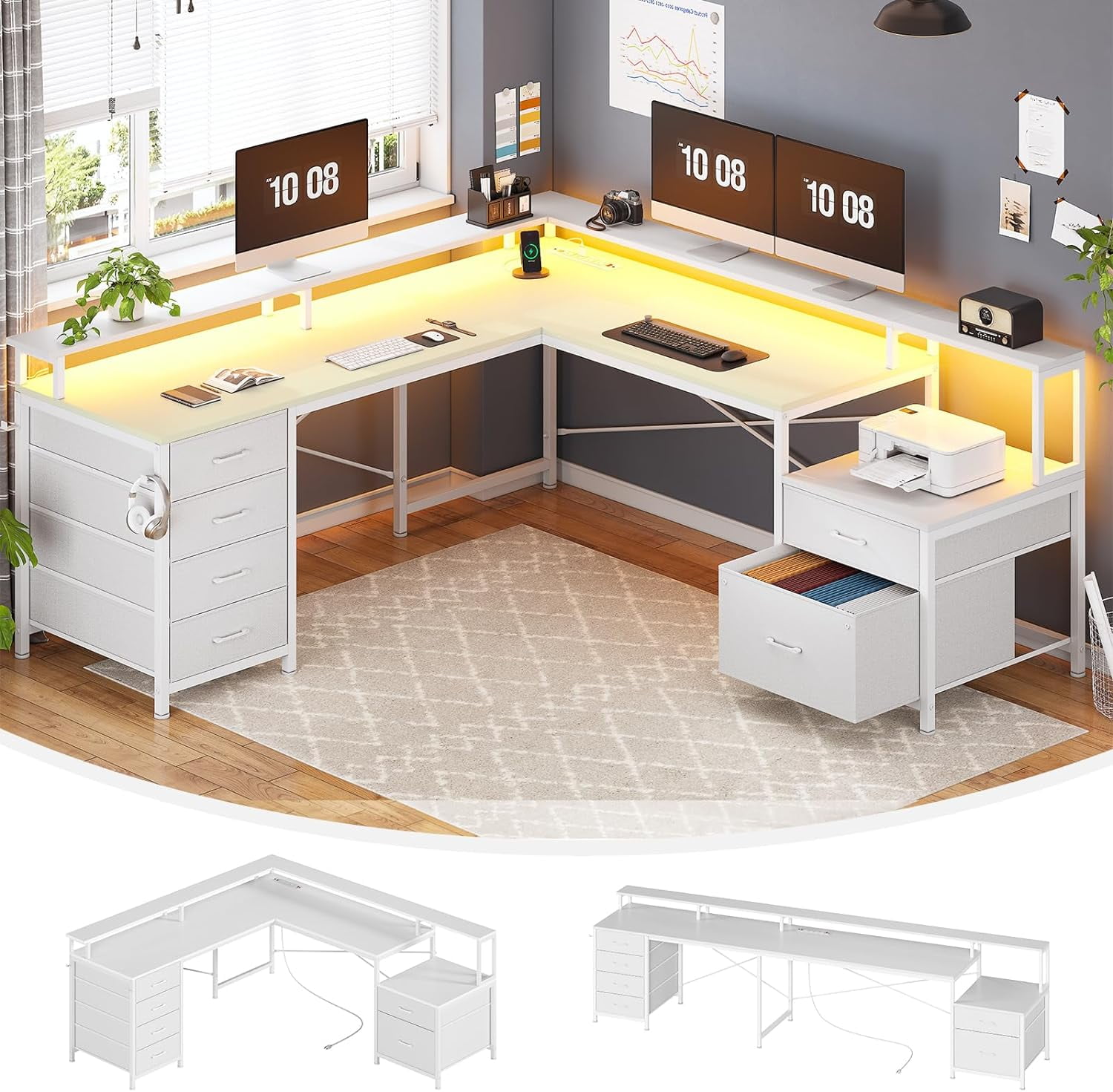 White L-Shaped Corner Computer Desk with Drawers and USB Ports