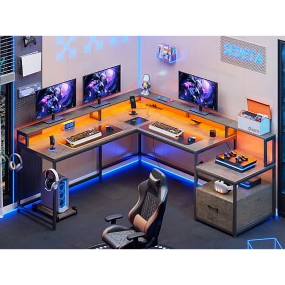 SEDETA L Shaped Desk, 66" Home Office Desk with File Drawer and Power Outlet, Corner Computer Desk with Monitor Shelf, Printer Storage Shelves, Gaming Desk with Led Lights, Two Per