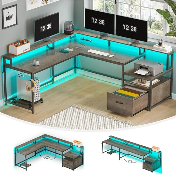 SEDETA L Shaped Desk, 66" Home Office Desk with File Drawer and Power Outlet, Corner Computer Desk with Monitor Shelf, Printer Storage Shelves, Gaming Desk with Led Lights, Two Person Desk, Walnut