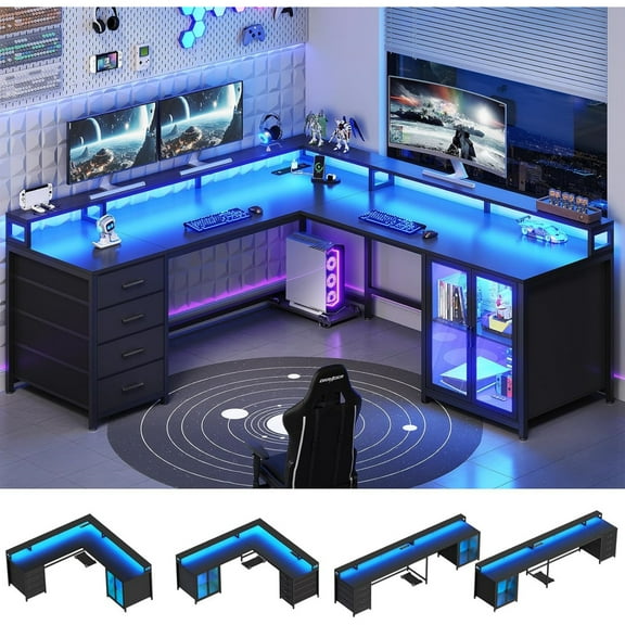 SEDETA L Shaped Desk with Drawers, 2 Person Desk with Full-Size Monitor Stand, Gaming Desk with LED Lights & Power Outlets, Corner Computer Desk with Glass Cabinet, Black