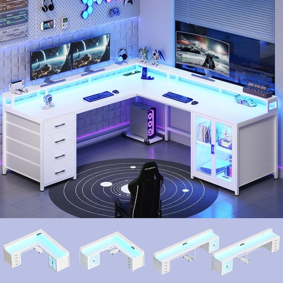 Sedeta L Shaped Desk with Drawers, 2 Person Gaming Desk, Monitor Stand, Glass Cabinet, LED Lights, Power Outlets, White