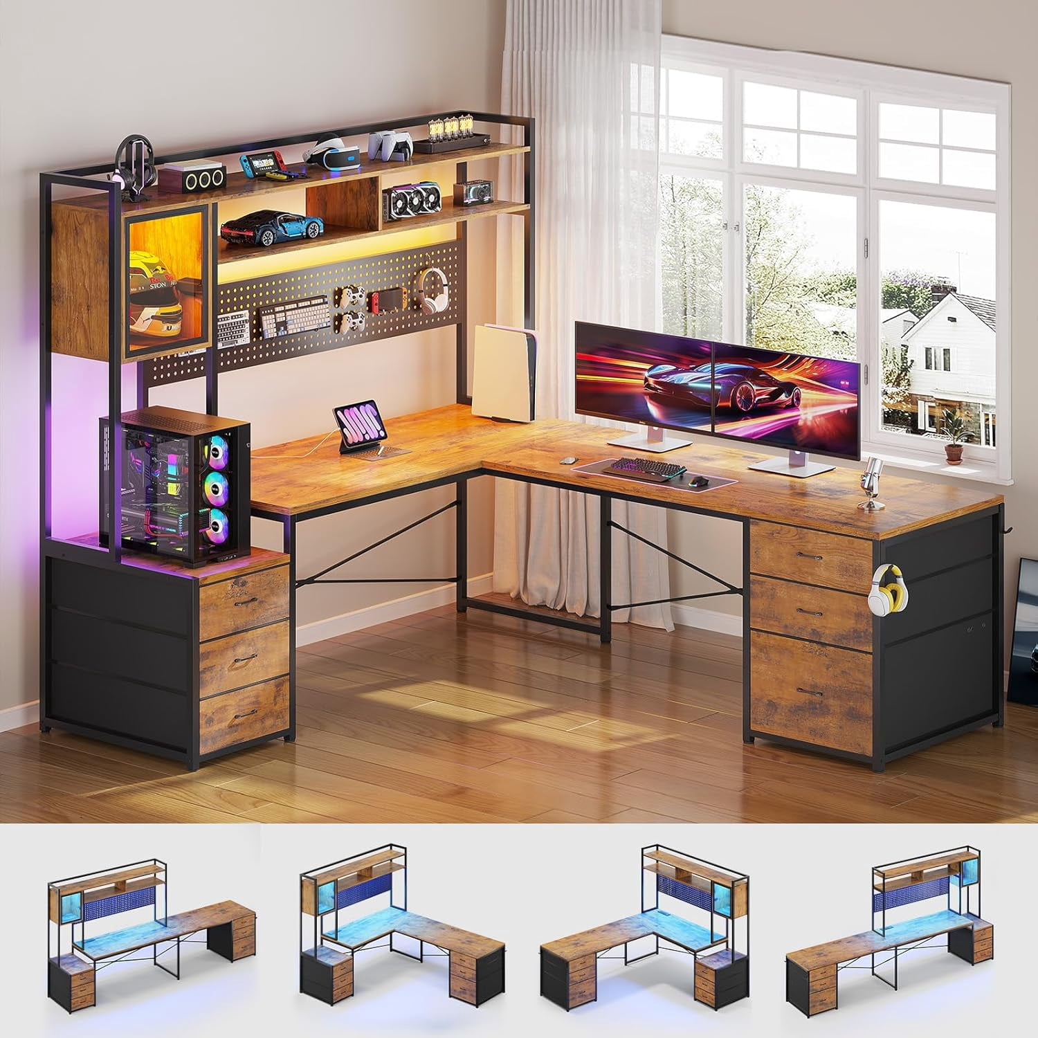 SEDETA L Shaped Desk with Drawers, 2 Person Desk with Hutch & Power Outlets, Home Office Desk with File Drawer & Glass Cabinet, Gaming Desk with LED Lights & Pegboard, Rustic Brown