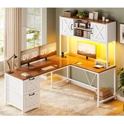 SEDETA L Shaped Desk Home Office Computer Desk with Fabric Drawers & Charging Station, Reversible Corner Gaming Desk with RGB LED Lights, Storage Hutch & Cabinet, White and Brown