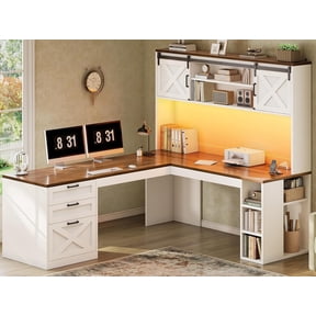 67" Farmhouse L Shaped Computer Desk with 3 Drawers and Storage Shelves, Corner Office Desk with LED Lights, Executive Desk