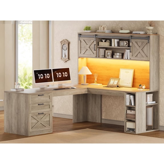 SEDETA L Shaped Desk with Hutch, Farmhouse Computer Desk with Drawers, Sliding Doors, Open Shelves, Corner Home Office Desk with Power Outlets & LED Lights, Wood Writing Desk, Grey
