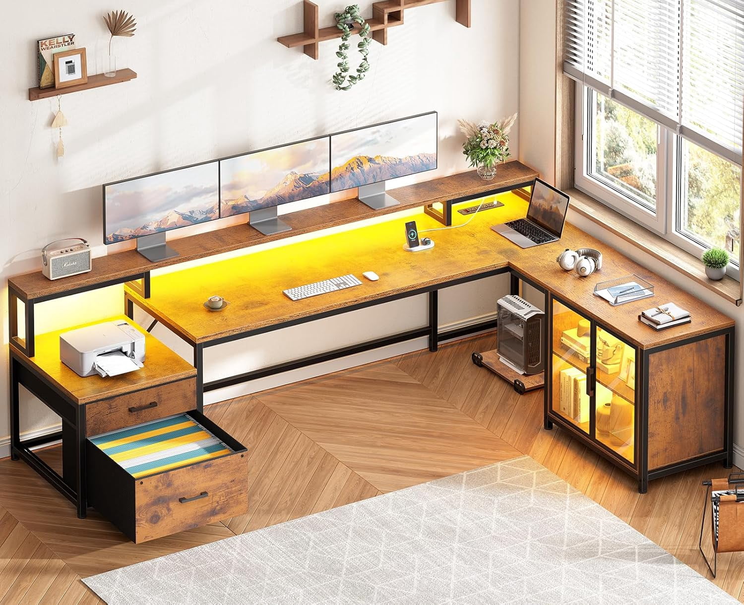 SEDETA L Shaped Desk with Storage, 78 Inch Home Office Desk with Drawers and Cabinets, Corner Computer Desk with Power Outlet & LED Light, Large Computer Desk with Movable CPU Stand, Rustic Brown