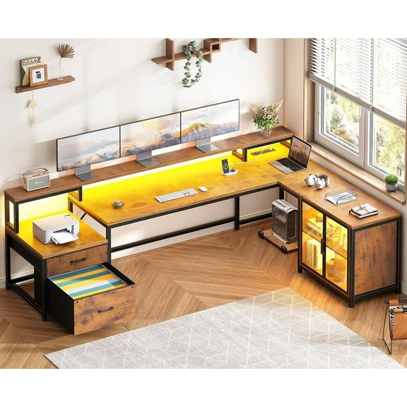SEDETA L Shaped Desk with Storage, 78 Inch Home Office Desk with Drawers and Cabinets, Corner Computer Desk with Power Outlet & LED Light, Large Computer Desk with Movable CPU Stand, Rustic Brown