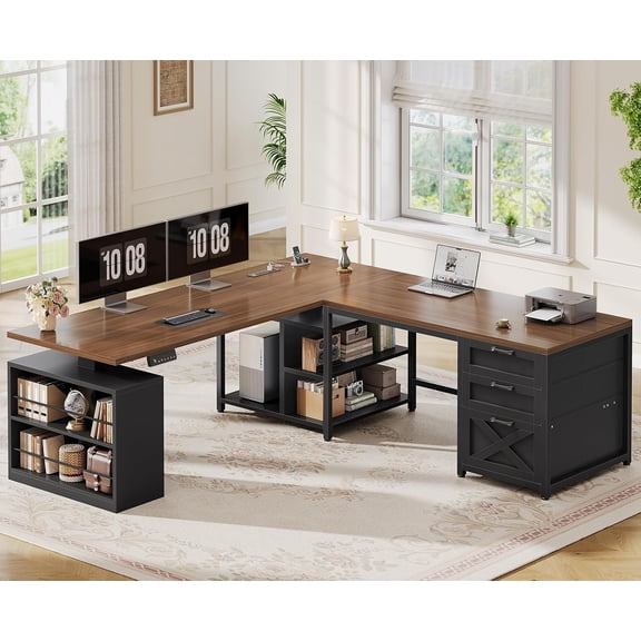 SEDETA L Shaped Electric Standing Desk with 3 Drawers for Office and Gaming, Height Adjustable Corner Computer Desk with 5 Open Shelves & Charging Station, Brown and Black