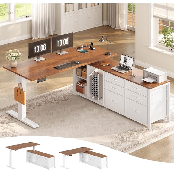 SEDETA L Shaped Electric Standing Desk 55", Height Adjustable Home Office Desk with 6 Fabric Drawers & Storage Shelves, Sit Stand Computer Desk with Power Outlets, White + Brown