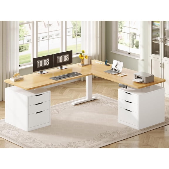 SEDETA L Shaped Electric Standing Desk with 6 Drawers, Height Adjustable Sit Stand Computer Table with Power Outlets, Large Corner Executive Office Desk Workstation for Home Office, White Oak