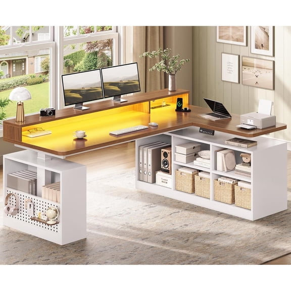 SEDETA L Shaped Electric Standing Desk, 63 Inch Gaming Desk with Storage Shelves and LED Lights, Height Adjustable Computer Desk with Power Outlet and Pegboard for Home Office, White & Brown Top
