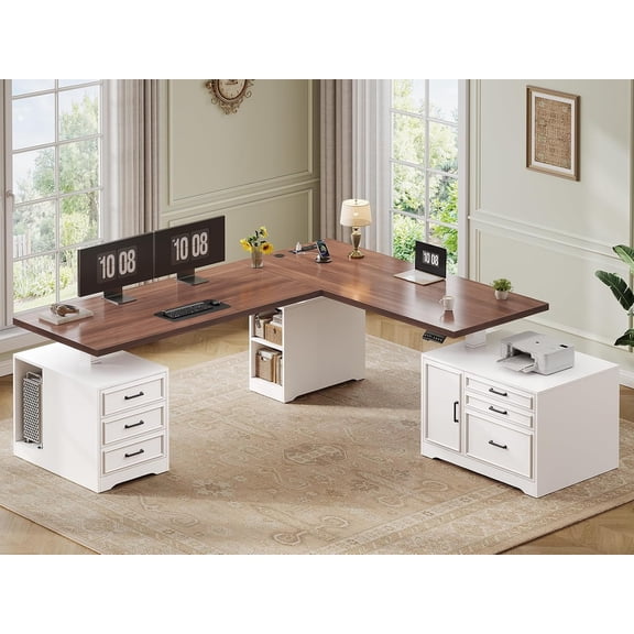 SEDETA L Shaped Electric Standing Desk with Drawers & File Cabinet, 77 x 55' Large Adjustable Height Corner Computer Desk with Power Strip for Home Office, Farmhouse Workstation, White Brown