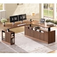 thumbnail image 1 of SEDETA L Shaped Electric Standing Desk with Storage, 28.3~47.1" Height Adjustable Office Desk with 4 Drawers and Shelves, 69" Fluted Sit Stand Computer Desk with Power Outlet for Home Office, Brown, 1 of 9