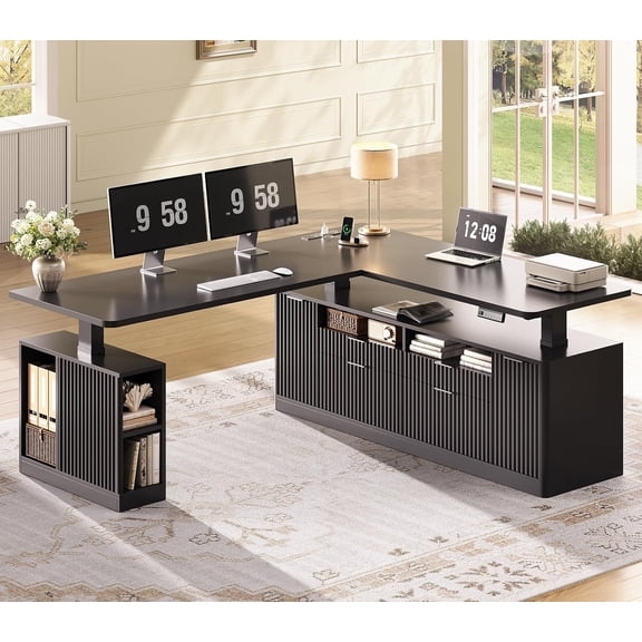 SEDETA L Shaped Electric Standing Desk with Storage, 28.3~47.1" Height Adjustable Office Desk with 4 Drawers and Shelves, 69" Fluted Sit Stand Computer Desk with Power Outlet for Home Office, Black
