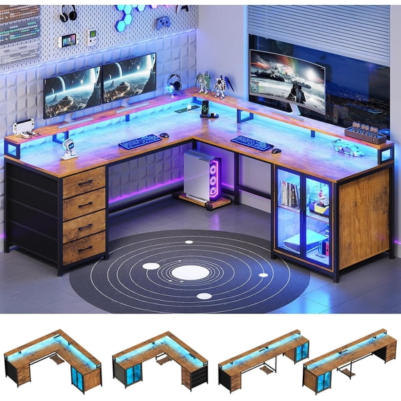 SEDETA L Shaped Gaming Desk with 4 Drawers, 109 Computer Desk with Display Cabinet, Home Office Desks with 2 Monitor Stands, CPU Stand, LED Lights and Power Outlet, Rustic Brown