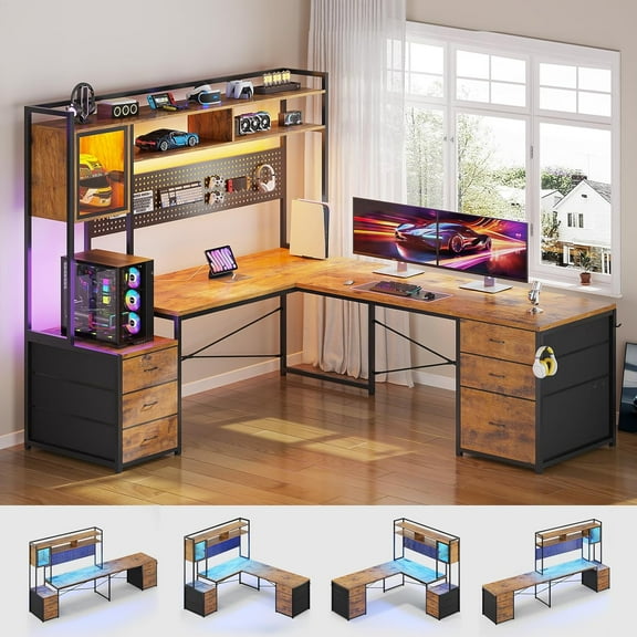 SEDETA L Shaped Gaming Desk with 6 Drawers, Reversible Computer Office Desk with File Drawer, Hutch, Storage Shelves, Gaming Corner Desk with Led Lights, Power Outlet for Two Person, Rustic Brown