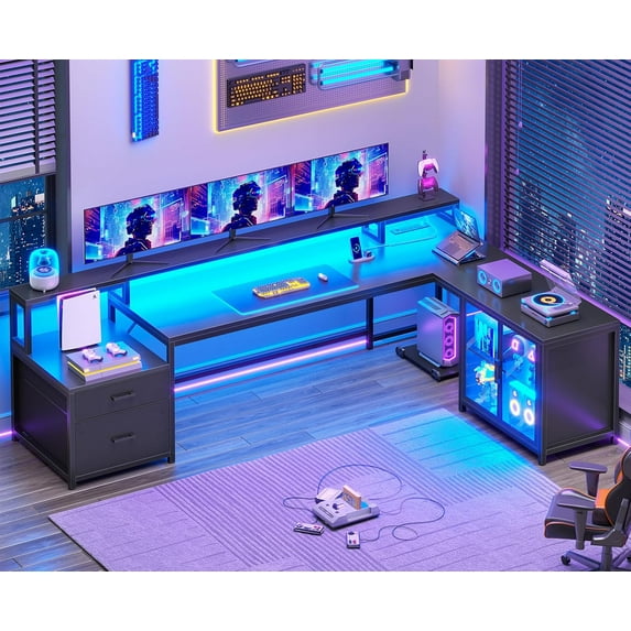 SEDETA L Shaped Gaming Desk, 78 Inch Large Computer Desk with Drawers and Cabinets, Corner Gaming Desk with Power Outlet & LED Light, Writing Desk with Display Cabinet for Home Office, Black