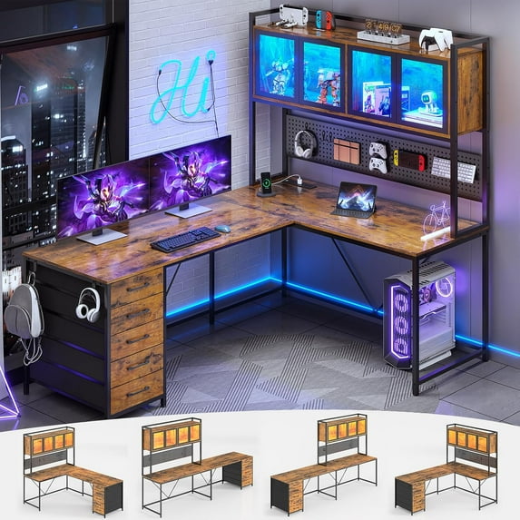 SEDETA L Shaped Gaming Desk with Drawers, L Shaped Computer Desk with Hutch and Storage Shelves, Gaming Desk with Pegboard, Led Lights, and Power Outlet, Home Office Desk, Corner Desk