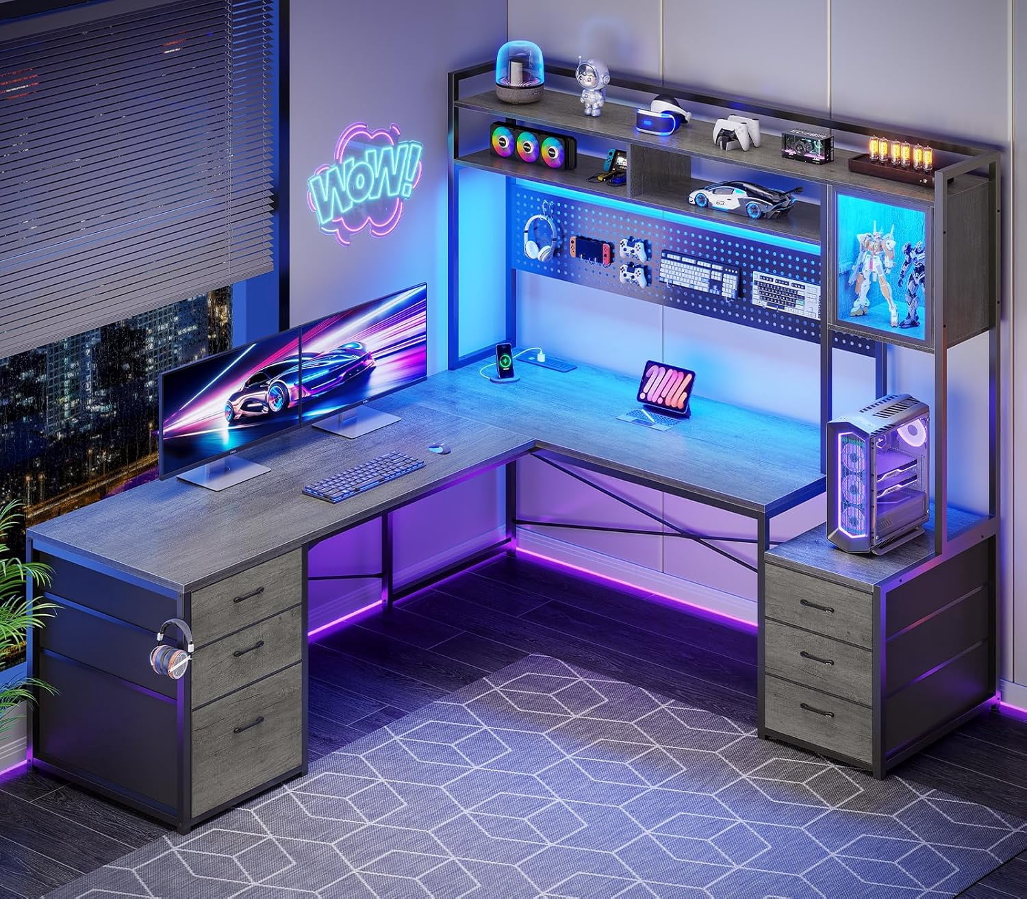 SEDETA L Shaped Gaming Desk with Drawers, Reversible Computer Corner Desk with File Drawer, Hutch, Storage Shelves for Home Office, Gaming Two Person Desk with Led Lights, Power Outlet, Grey