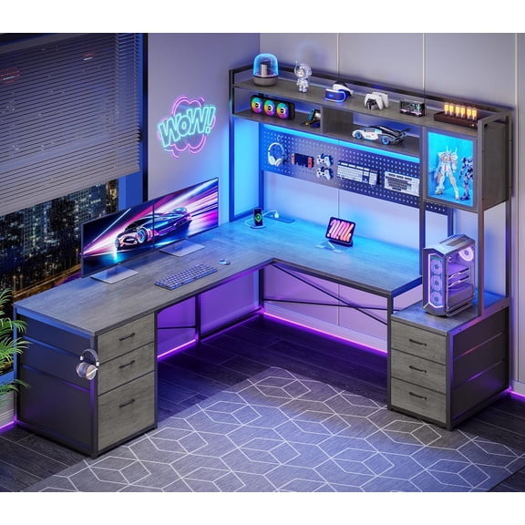SEDETA L Shaped Gaming Desk with Drawers, Reversible Computer Corner Desk with File Drawer, Hutch, Storage Shelves for Home Office, Gaming Two Person Desk with Led Lights, Power Outlet, Grey