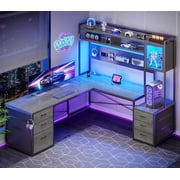 SEDETA L Shaped Gaming Desk with Drawers, Reversible Computer Corner Desk with File Drawer, Hutch, Storage Shelves for Home Office, Gaming Two Person Desk with Led Lights, Power Outlet, Grey