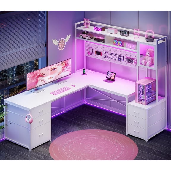SEDETA L Shaped Gaming Desk with Drawers, Reversible Computer Corner Desk with File Drawer, Hutch, Storage Shelves for Home Office, Gaming Two Person Desk with Led Lights, Power Outlet, White