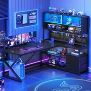 SEDETA L Shaped Gaming Desk, Home Office Computer Desk with 2 Drawer and Bookshelf, L Shaped Gaming Desk with LED Light, Glass Cabinet and Storage Bag, Corner Desk with Storage Shelves, Black