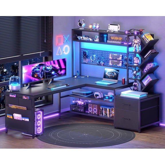 SEDETA L Shaped Gaming Desk with Hutch & Drawers, 97.6" Convertible 2 Person Office Desk with LED Lights, Corner Computer Desk with Power Strip, Tree Bookshelf, File Cabinet, Black