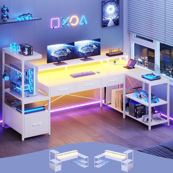 SEDETA L Shaped Gaming Desk with PC Display Stand, 59Inch Reversible Computer Desk with Storage Shelves, 4 Drawer & LED Lights, Modern Gamer Desk Table with Power Outlet, Monitor Stand, White