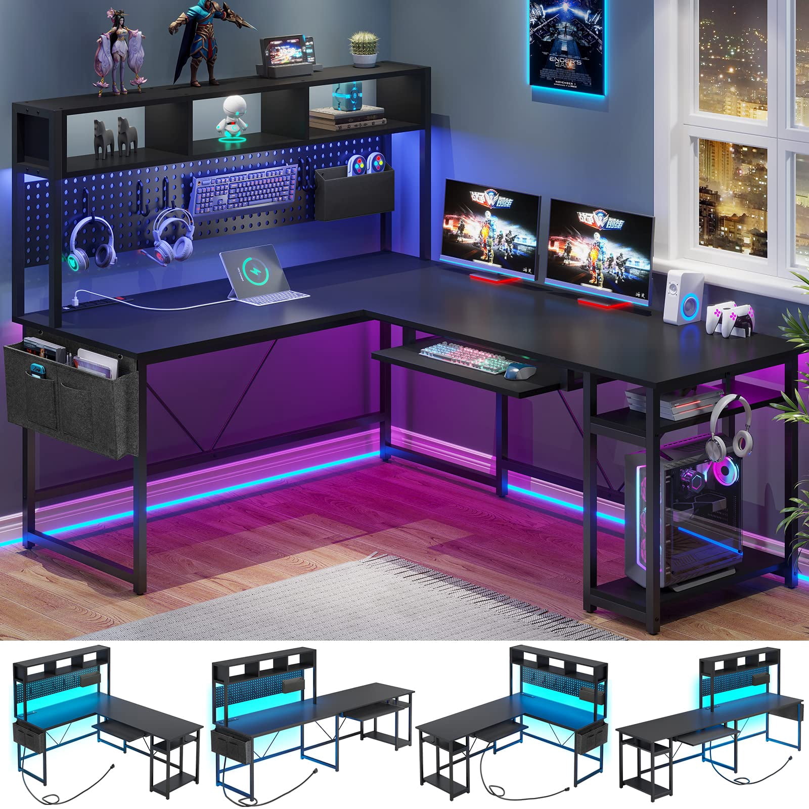 SEDETA L Shaped Gaming Desk, Reversible Corner Computer Desk with Power Outlet, Pegboard, LED Lights, Keyboard Tray & Storage Bag, Black