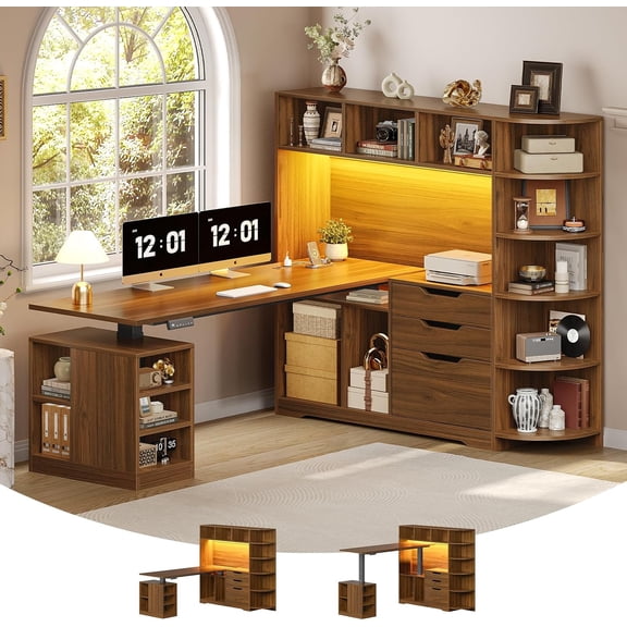 SEDETA L Shaped Height Adjustable Standing Desk with 3 Drawers & Hutch, 59" Corner Computer Desk with Bookshelves, Power Strip & LED Lights for Work & Gaming, Brown