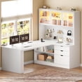 thumbnail image 1 of SEDETA L Shaped Office Desk with Bookshelf, Corner Computer Desk with 3 Drawers, 2-Tier Shelf & 3 Glass Doors, Home Office Desk with Power Outlets, LED Lights & Pegboard, Large PC Workstation, White, 1 of 9