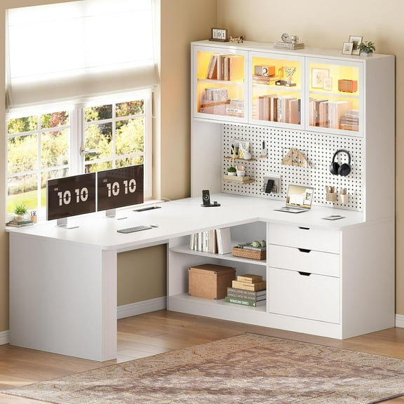 SEDETA L Shaped Office Desk with Bookshelf, Corner Computer Desk with 3 Drawers, 2-Tier Shelf & 3 Glass Doors, Home Office Desk with Power Outlets, LED Lights & Pegboard, Large PC Workstation, White