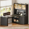 thumbnail image 1 of SEDETA L Shaped Office Desk with Storage, Large Home Office Desk with Power Outlets, LED Lights & Pegboard, Corner Computer Desk with 3 Drawers, 2-Tier Shelves & 3 Glass Doors, PC Workstation, Black, 1 of 9