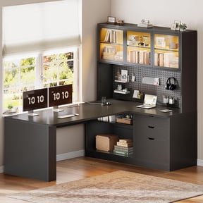 SEDETA L Shaped Office Desk with Storage, Large Home Office Desk with Power Outlets, LED Lights & Pegboard, Corner Computer Desk with 3 Drawers, 2-Tier Shelves & 3 Glass Doors, PC Workstation, Black
