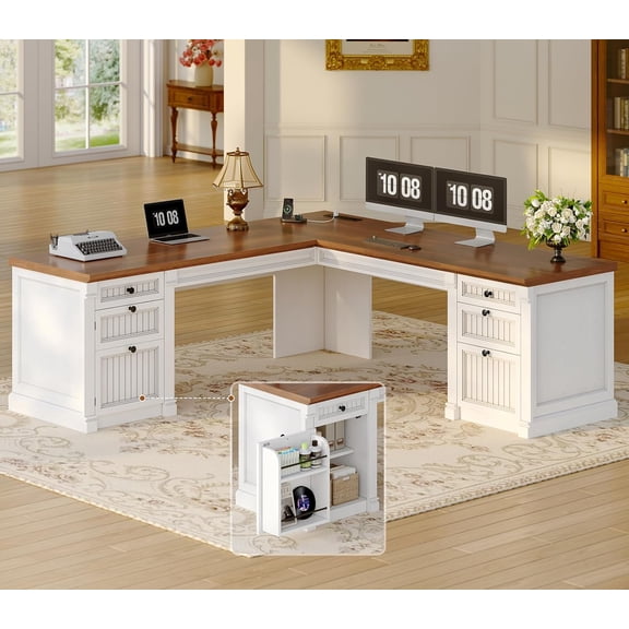 SEDETA Large L Shaped Desk with 4 Wood Drawers, 67"x 67" Executive Desk with File Drawers & Storage Cabinet, Farmhouse Corner Computer Desk with Power Strip for Home Office, White & Brown