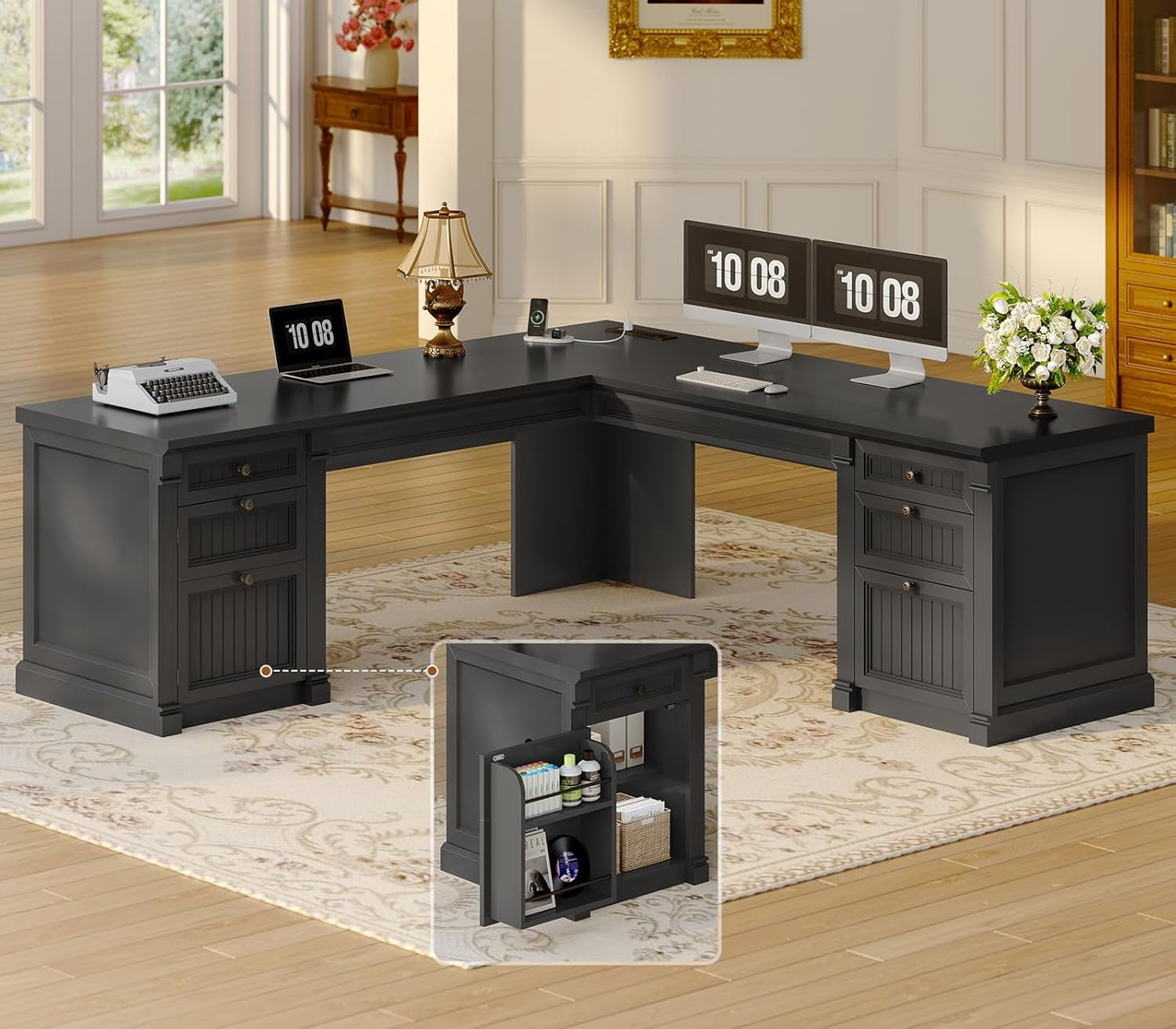 SEDETA Large L Shaped Desk with 4 Wood Drawers, 67"x 67" Executive Desk with File Drawers & Storage Cabinet, Farmhouse Corner Computer Desk with Power Strip for Home Office, Black