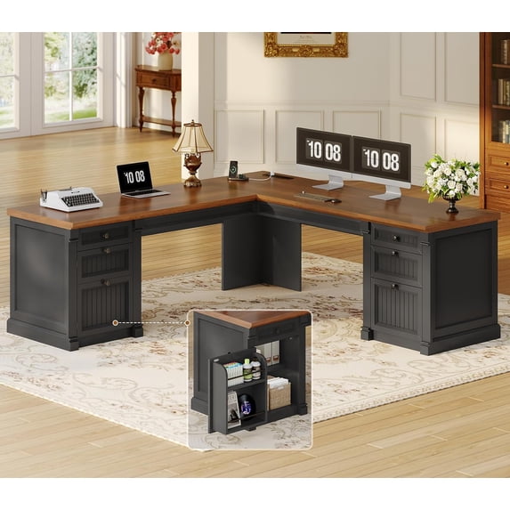 SEDETA Large L Shaped Desk with 4 Wood Drawers, 67"x 67" Executive Desk with File Drawers & Storage Cabinet, Farmhouse Corner Computer Desk with Power Strip for Home Office, Black & Brown