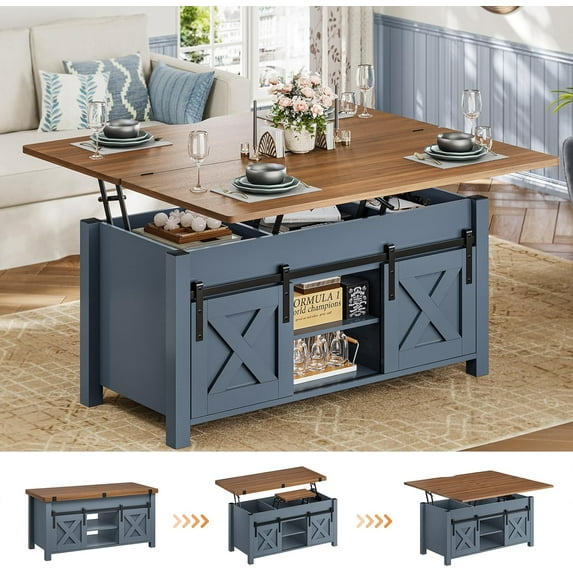 SEDETA Lift Top Coffee Table, 4 in 1 Multi-Function Convertible Coffee Tables with Storage and Hidden Compartment, Farmhouse Coffee Table Converts to Dining Table for Living Room, Blue