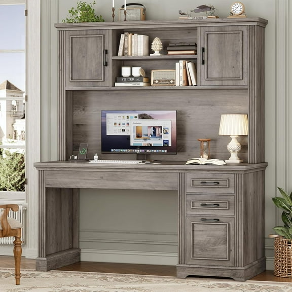 SEDETA Office Desk with 3 Drawers, 47.2" Executive Computer Desk with Storage Drawers and Hutch Cabinet, Wood Farmhouse Desk with Power Outlet for Home Office, Grey