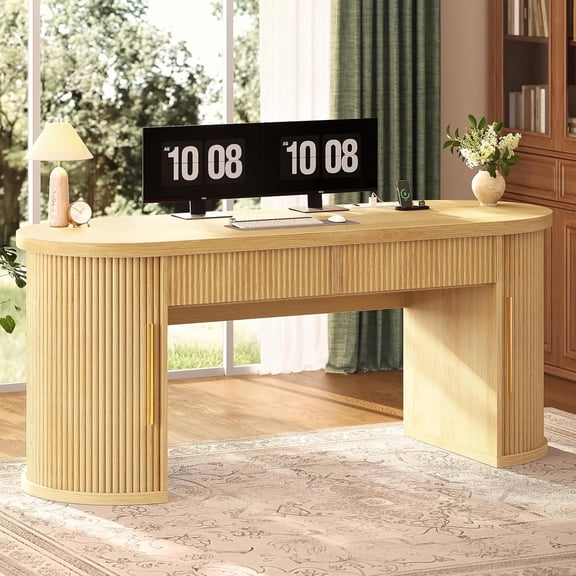 SEDETA Office Desk with Storage, 58.3 Inch Fluted Long Computer Desk with 2 Drawers, 2 Sliding Doors , and Power Strip, Wood Executive Desk for Home Office, Living Room, Bedroom, Natural