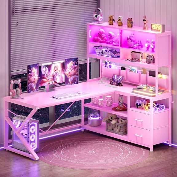 SEDETA Pink L Shaped Gaming Desk with LED Lights, Home Office Computer Desk with Glass Display Cabinet, Corner Desk with 2 Drawers, Power Outlet, Bookshelf & Storage Bag for Girls
