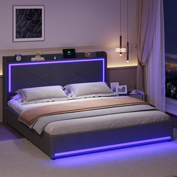 SEDETA Queen Bed Frame with LED Lights Headboard and Charging Station