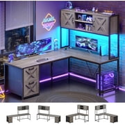 SEDETA Reversible L-Shaped Desk with Drawers & Outlets, Corner Computer Gaming Desk with LED Strip & Hutch, 2 Person Long Office Desk with Storage Shelves for Home Office, Light Grey
